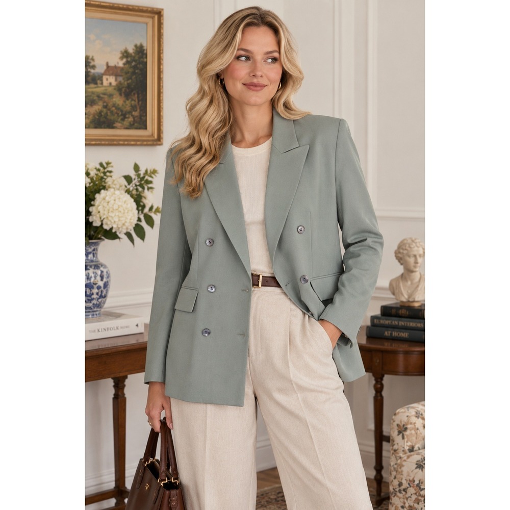 Vintage Laura Ashley Blazer Womens 8 Wool Sage Green Double Breasted Power Suit